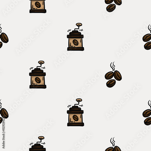 Simple seamless pattern with coffee beans and coffee grinder. Set of icons for the design of a cafe, restaurant, coffee shop, cafeteria. Endless background for gift paper
