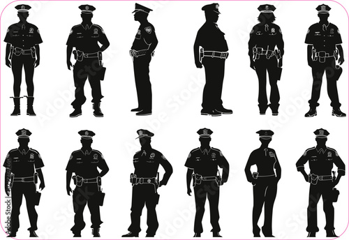 Silhouettes of police officer standing, Black silhouette of police officer, Police officer silhouette standing in various poses, Set of police silhouettes, Police icon, security, force, police
