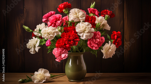 Wallpaper Mural Digital Art Wallpaper of a Bouquet of Carnations in Red, White, and Pink, Rustic Vase Torontodigital.ca
