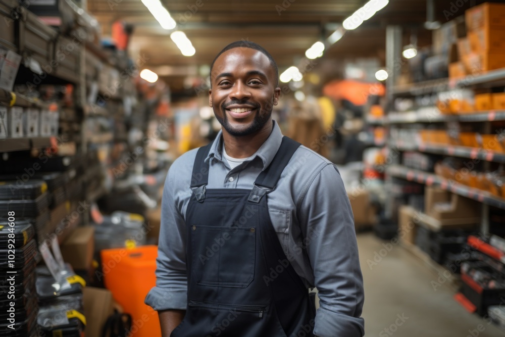 Portrait of a happy salesman standing in hardware store Portrait of a happy salesman standing in hardware store