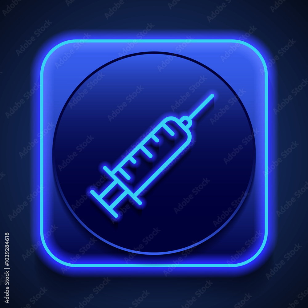 Syringe simple icon. Flat design. Blue neon style on button. With shadow Syringe simple icon. Flat design. Blue neon style on button. With shadow