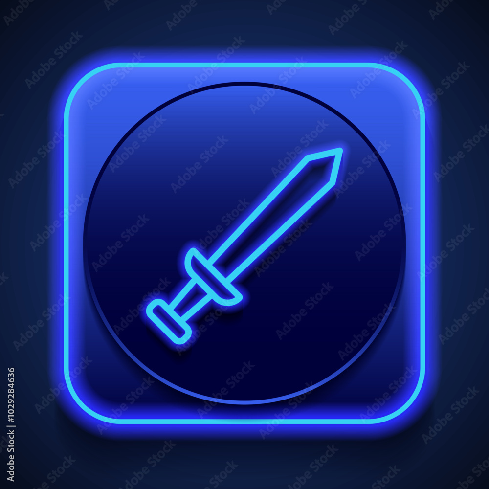 Sword simple icon. Flat design. Blue neon style on button. With shadow Sword simple icon. Flat design. Blue neon style on button. With shadow