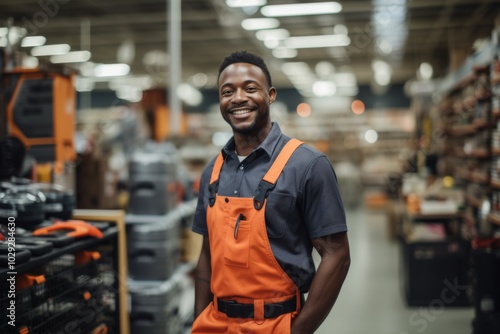 Portrait of a happy salesman standing in hardware store photo