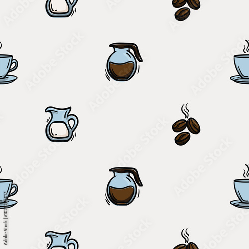 Simple seamless pattern with coffee beans, coffee drink and milk in a jug. Set of icons for the design of a cafe, restaurant, coffee shop, cafeteria. Endless background for gift paper