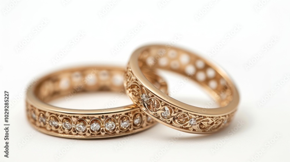 Two Ornate Gold Wedding Bands with Diamonds Two Ornate Gold Wedding Bands with Diamonds