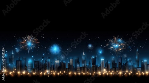 A festive atmosphere fills the night sky over New York City as colorful fireworks burst above the skyline, illuminating the city lights below with vibrancy and excitement photo