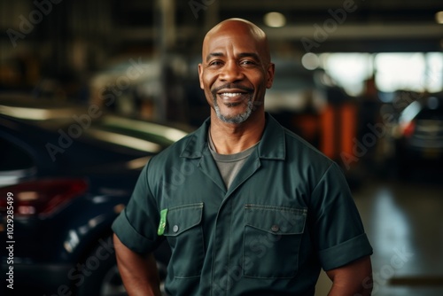 Portrait of a smiling middle aged African American car mechanic