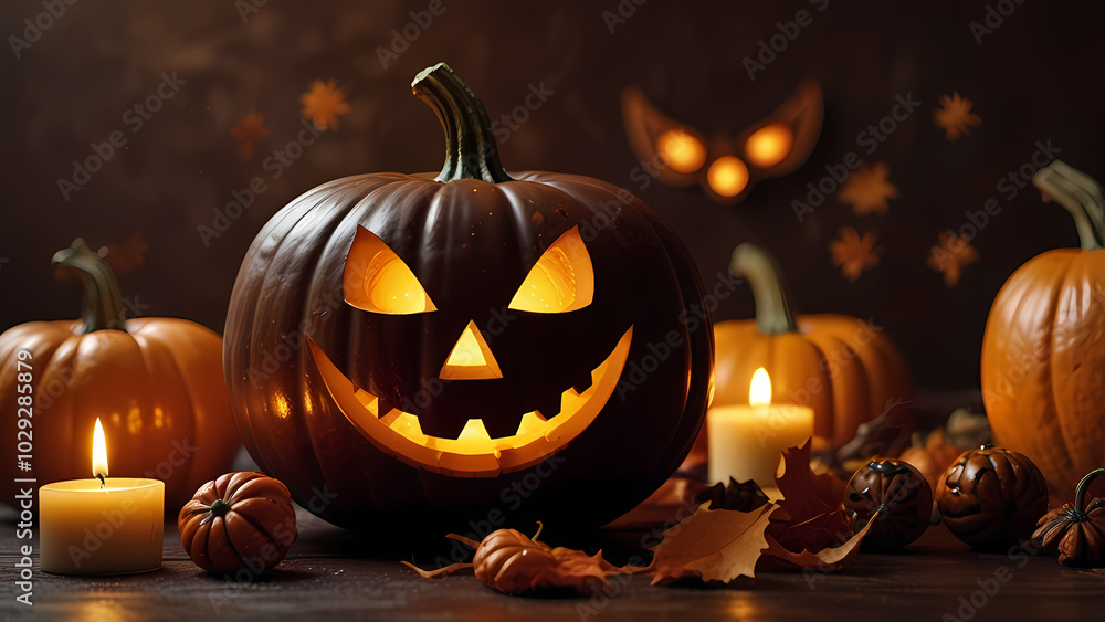 Naklejka premium delicious chocolate pumpkin surrounded by classic Halloween decorations, such as carved jack-o'-lanterns, spooky spider webs, candles, bats, and autumn leaves