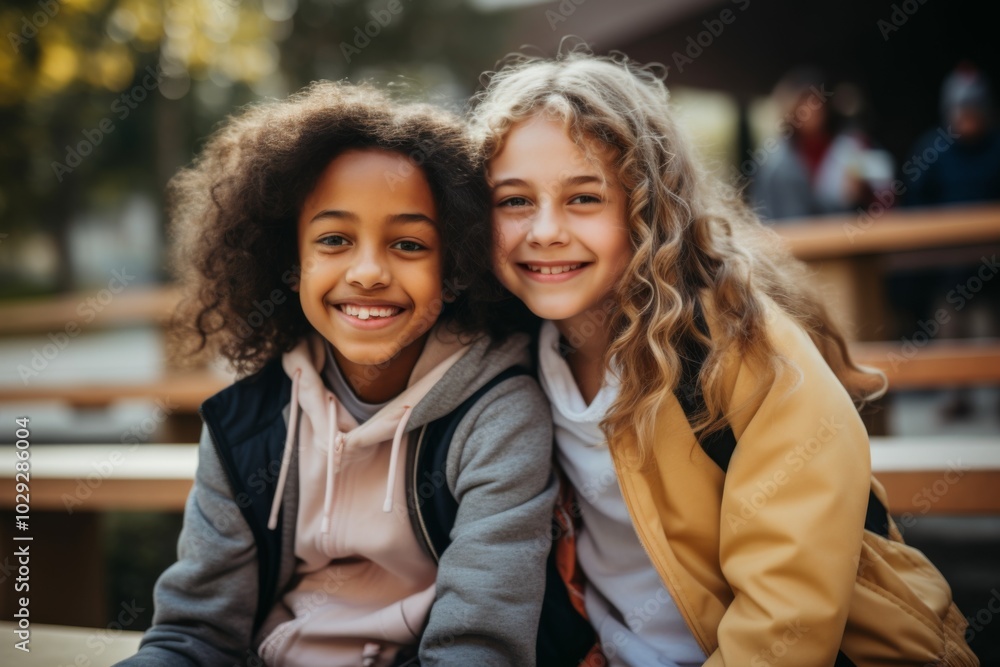 Smiling portrait of two schoolgirls sitting together on bench Smiling portrait of two schoolgirls sitting together on bench