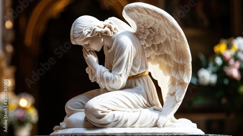 A white angel statue is kneeling down and praying