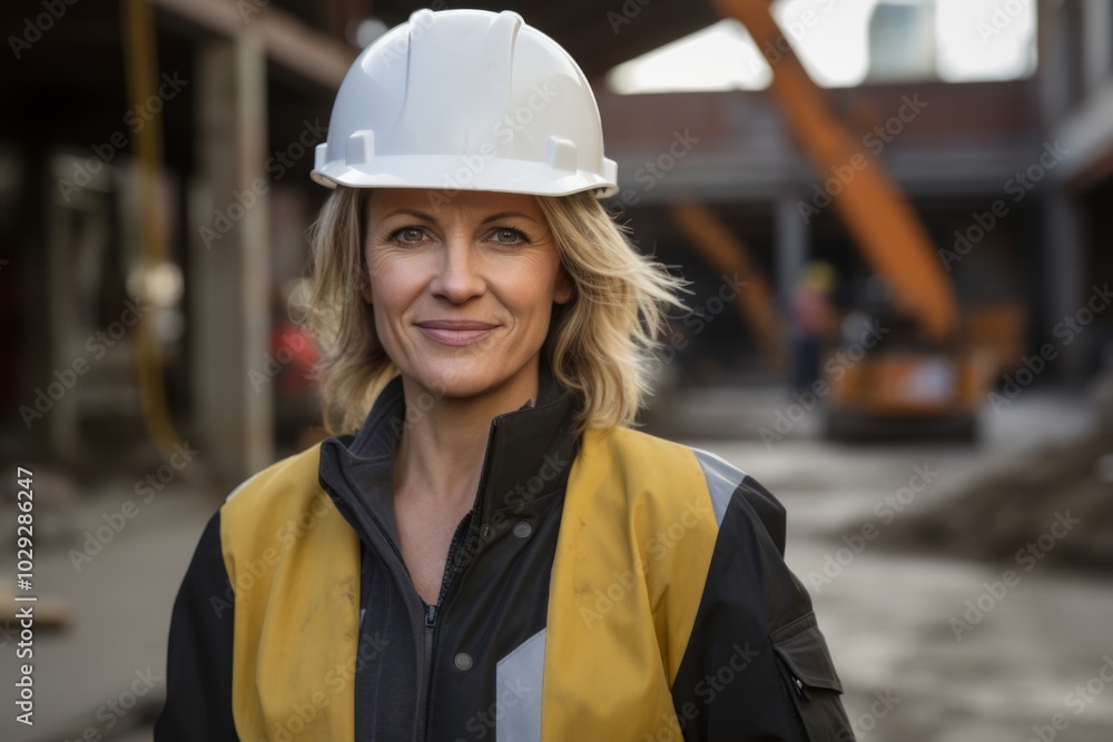 Smiling portrait of a middle aged female Caucasian businesswoman on construction site Smiling portrait of a middle aged female Caucasian businesswoman on construction site