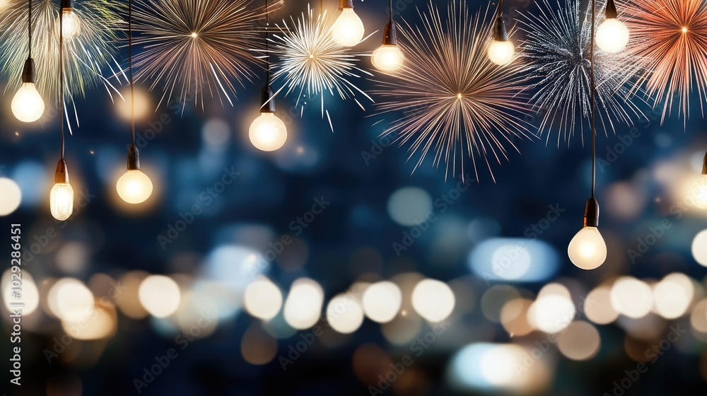 Fototapeta premium A festive atmosphere fills the night sky over New York City as colorful fireworks burst above the skyline, illuminating the city lights below with vibrancy and excitement