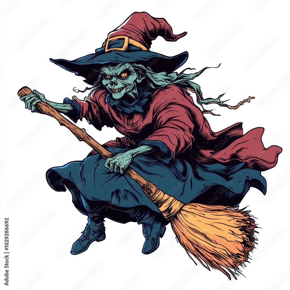 Fototapeta premium Cartoon character of witch with a broom. Halloween decoration elements.