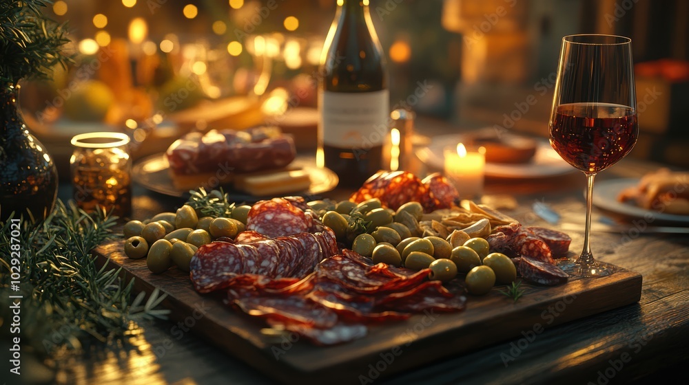Small charcuterie board of olives, Italian meats, and other gourmet snacks on a aesthetic table setting. warmth. cinematic. 3D render. highly detailed, high resolution for magazine. Small charcuterie board of olives, Italian meats, and other gourmet snacks on a aesthetic table setting. warmth. cinematic. 3D render. highly detailed, high resolution for magazine.