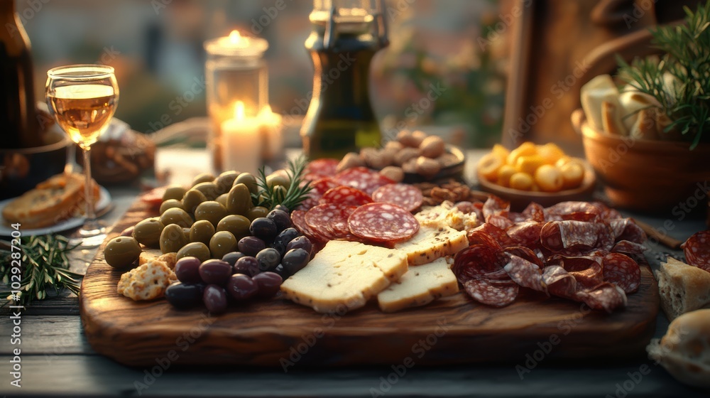 Small charcuterie board of olives, Italian meats, and other gourmet snacks on a aesthetic table setting. warmth. cinematic. 3D render. highly detailed, high resolution for magazine. Small charcuterie board of olives, Italian meats, and other gourmet snacks on a aesthetic table setting. warmth. cinematic. 3D render. highly detailed, high resolution for magazine.