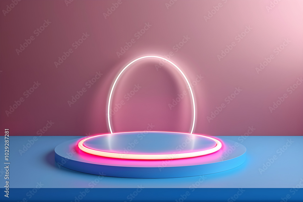 Pedestal and desk for product and cosmetics presentation. Pink wall and blue table with neon lighting. Template for advertising, web and cards Pedestal and desk for product and cosmetics presentation. Pink wall and blue table with neon lighting. Template for advertising, web and cards