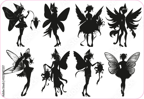 Fairy silhouette, Fairy silhouette set, Vector collection of fairies silhouettes