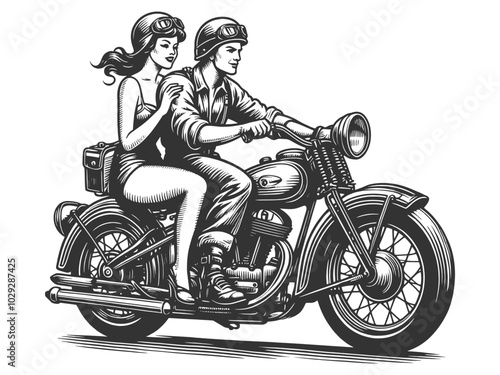 vintage couple riding a classic motorcycle, adventure, freedom, and retro style with nostalgic charm sketch engraving generative ai vector illustration. Scratch board imitation. Black and white image