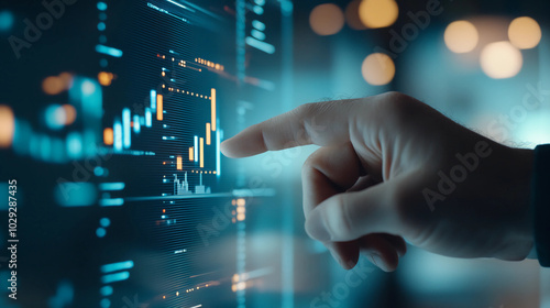 Hand Interacting with Digital Financial Data on Touchscreen Interface. Modern Business Analytics, Stock Market, and Technology Concept.