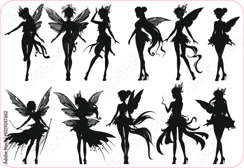 Fairy silhouette, Fairy silhouette set, Vector collection of fairies silhouettes