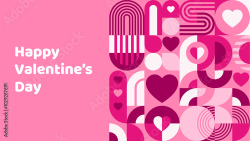 Valentines Day poster with abstract geometric pattern of pink and purple hearts, circles, lines and arches. Vector modern graphic background of romantic love holiday, minimalist geometric composition