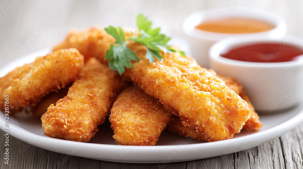 Crispy Breaded Fish Fingers with Dipping Sauces on White Plate Crispy Breaded Fish Fingers with Dipping Sauces on White Plate