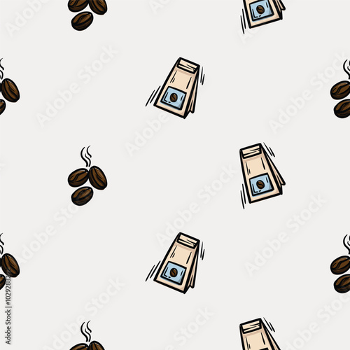 Simple seamless pattern with coffee beans and paper bag. Set of icons for the design of a cafe, restaurant, coffee shop, cafeteria. Endless background for gift paper