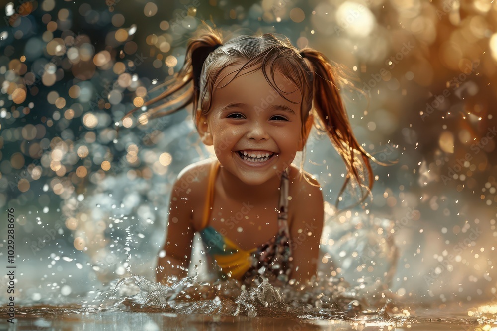 Child with a joyful smile, splashing in a puddle after the rain Child with a joyful smile, splashing in a puddle after the rain
