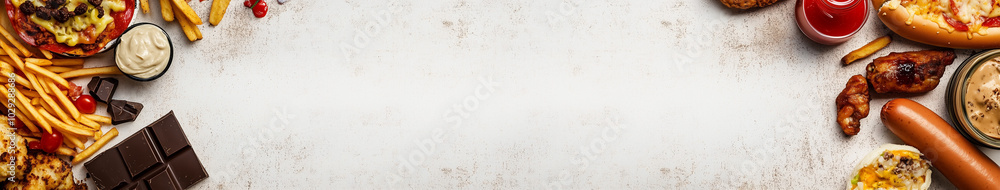 A white background with fast food items on the left and right sides, leaving space in between for text or graphics.