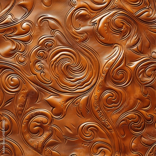 Beautiful embossed leather texture with intricate swirls and floral patterns. Rich brown tones create warmth. Perfect for background or fashion design. Generative AI