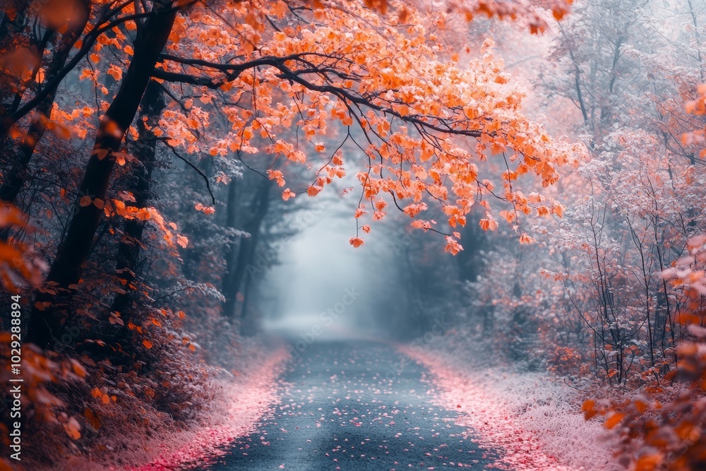 Misty forest path surrounded by vibrant autumn leaves and trees in a peaceful landscape Misty forest path surrounded by vibrant autumn leaves and trees in a peaceful landscape