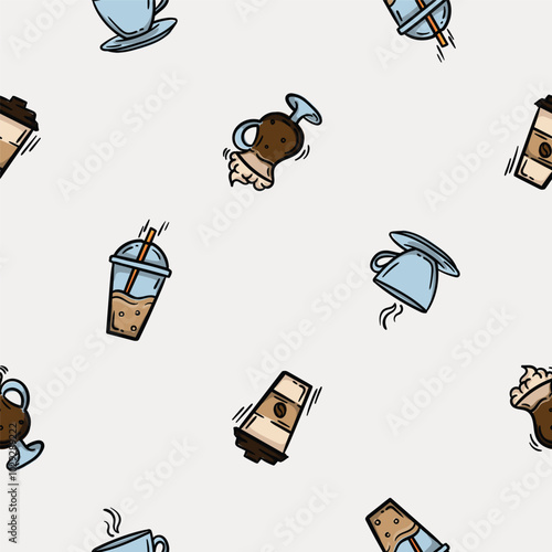 Simple seamless pattern with coffee drinks, latte, cappuccino, americano. Set of icons for the design of a cafe, restaurant, coffee shop, cafeteria. Endless background for gift paper
