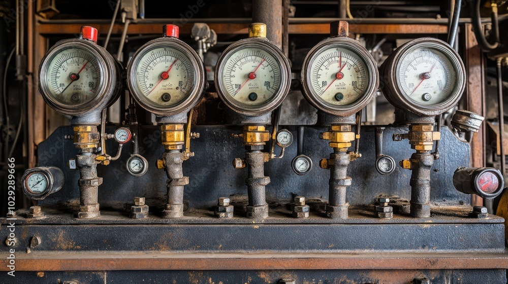 Row of Industrial Gauges on a Metal Panel Row of Industrial Gauges on a Metal Panel