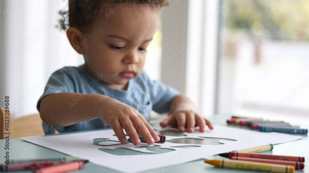 Child creating shapes with a stencil and crayons on paper Child creating shapes with a stencil and crayons on paper