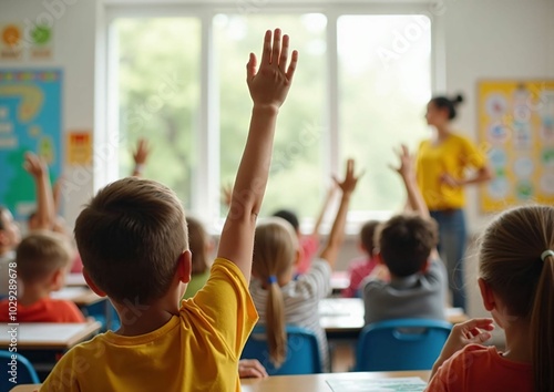 Engaged Students in a Classroom, Actively Raising Hands to Participate in Learning: A Scene of Education Encouraging Academic Enthusiasm