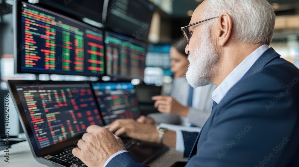 Senior Businessman Working on Laptop with Financial Data Displays Senior Businessman Working on Laptop with Financial Data Displays