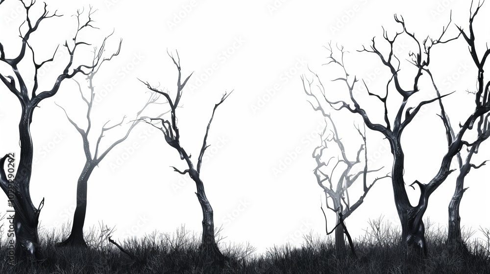 Fototapeta premium Haunted Forest with Crooked Trees Isolated on White Background - Eerie Wilderness Atmosphere