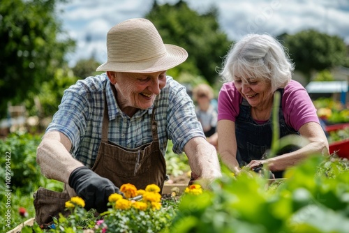 Wallpaper Mural A cheerful couple gardening together on a sunny day. They smile while planting flowers in a vibrant garden. This image captures the joy of nature and teamwork. Generative AI Torontodigital.ca