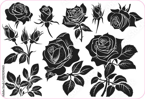 Rose flower Silhouettes set, Rose flowers Collection, Silhouettes of roses, Flower silhoutte. Vector illustration