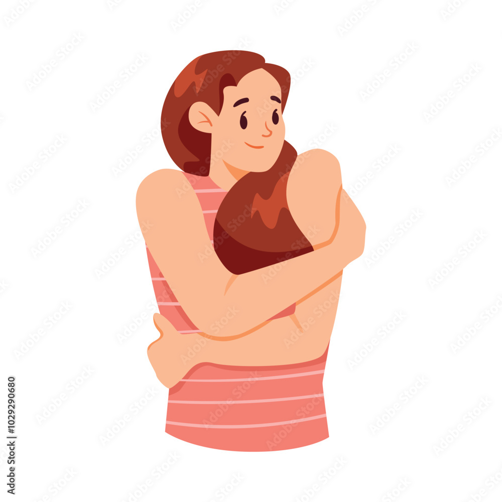 Woman Hugging Herself as Self Embrace Gesture Vector Illustration Woman Hugging Herself as Self Embrace Gesture Vector Illustration