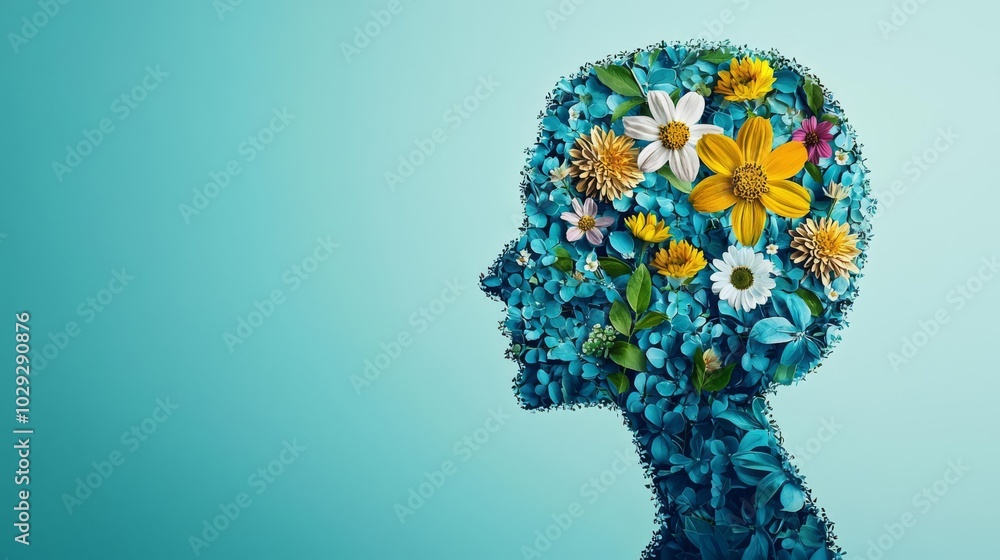 A creative profile silhouette filled with vibrant flowers and greenery, symbolizing growth, nature, and inner beauty. A creative profile silhouette filled with vibrant flowers and greenery, symbolizing growth, nature, and inner beauty.