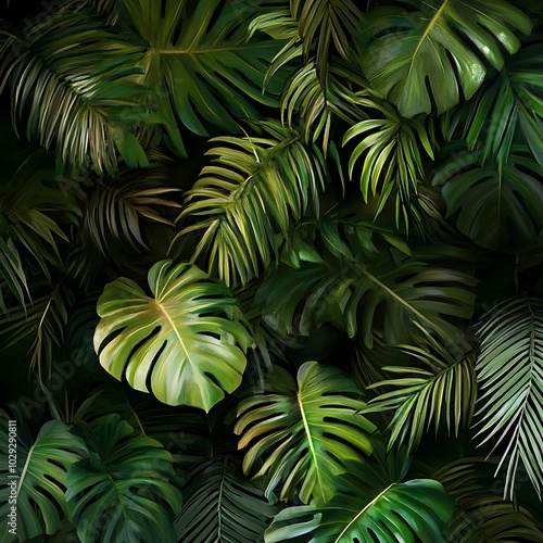 A lush arrangement of green tropical leaves creating a vibrant, natural backdrop.