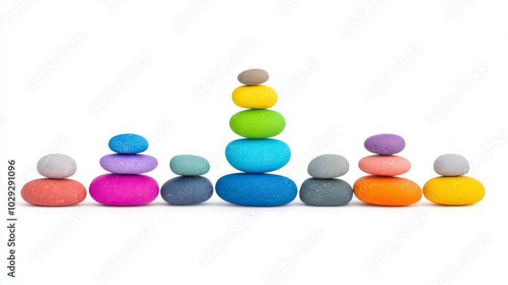 Vibrant arrangement of colorful stones stacked in an artistic formation, perfect for relaxation, meditation, or wellness themes. Vibrant arrangement of colorful stones stacked in an artistic formation, perfect for relaxation, meditation, or wellness themes.
