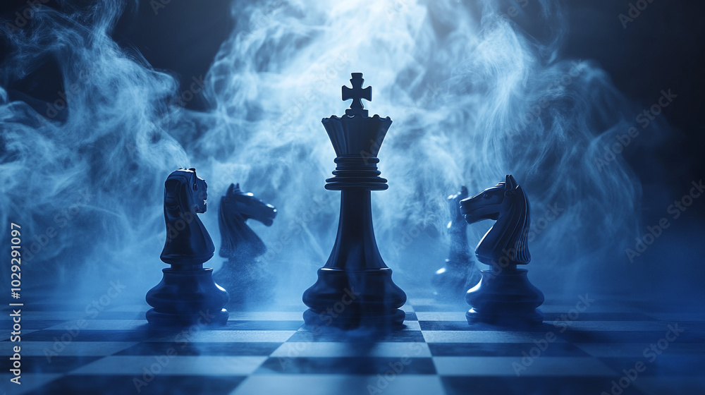 Chess King in Smoke with Knights Strategy Leadership Competition Concept Chess King in Smoke with Knights Strategy Leadership Competition Concept