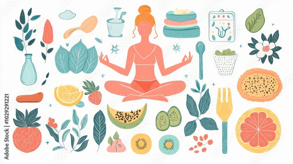 A vibrant illustration of wellness, featuring a meditating figure surrounded by fruits, vegetables, and health-themed elements. A vibrant illustration of wellness, featuring a meditating figure surrounded by fruits, vegetables, and health-themed elements.