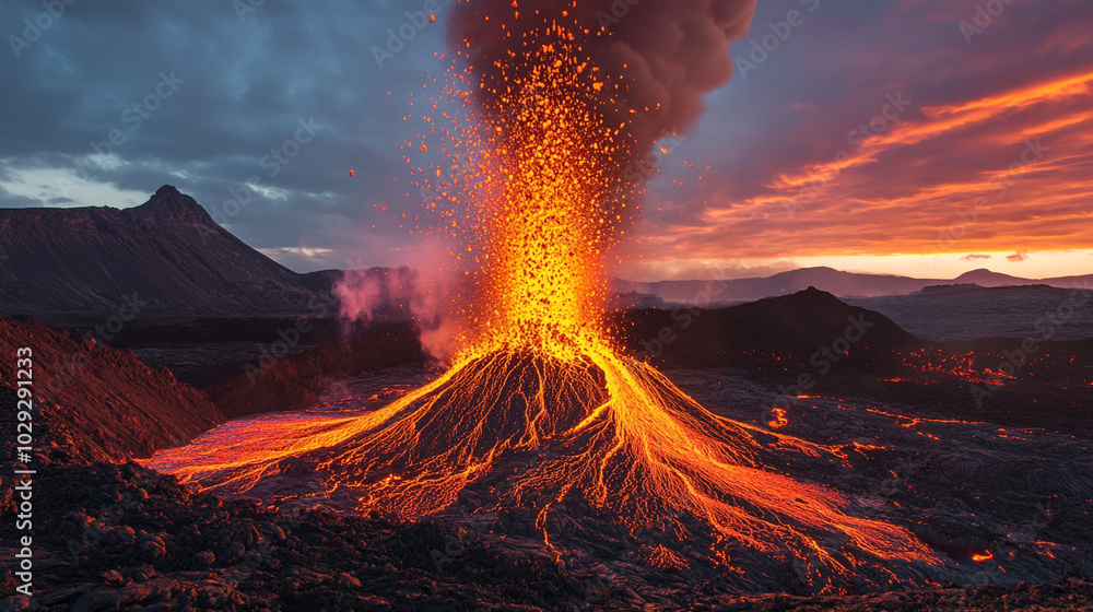 Fototapeta premium Erupting Volcano with Lava Flow and Sunset Sky