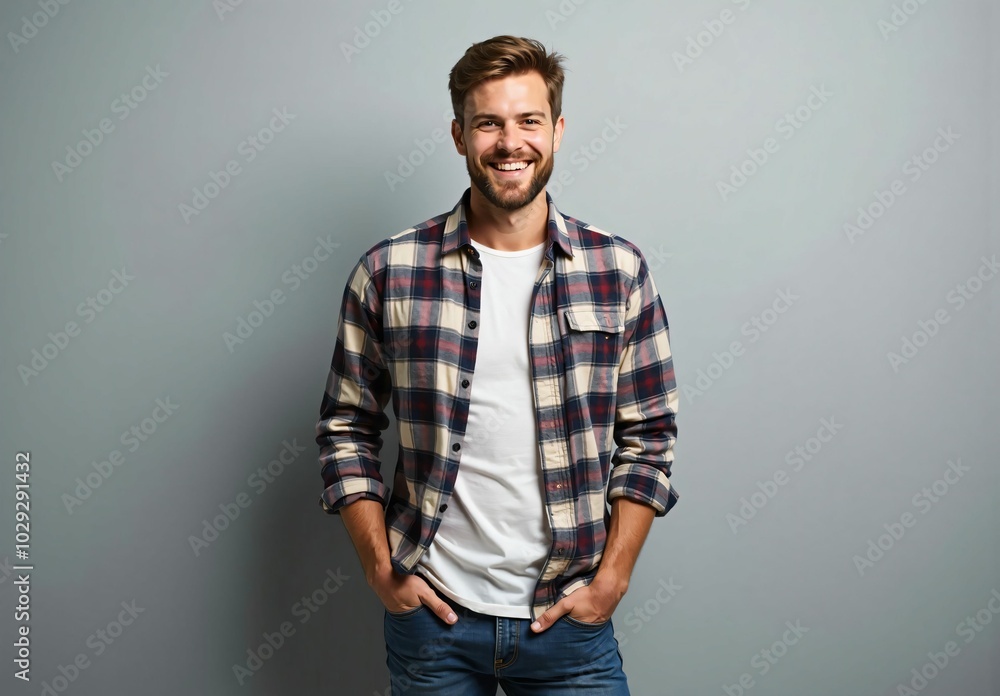 Confident Portrait of a Man in a Casual Checkered Shirt, Emphasizing Natural Smile and Simple Background Confident Portrait of a Man in a Casual Checkered Shirt, Emphasizing Natural Smile and Simple Background