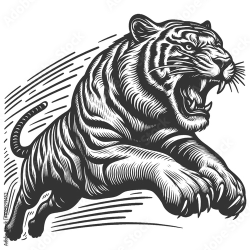 fierce leaping tiger tattoo design with an open mouth, drawn in an engraving style sketch engraving generative ai vector illustration. Scratch board imitation. Black and white image.