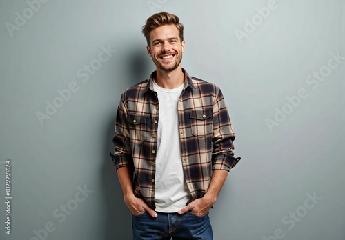 Relaxed Man in a Casual Checkered Shirt, Stylish and Natural Smiling Lifestyle Portrait