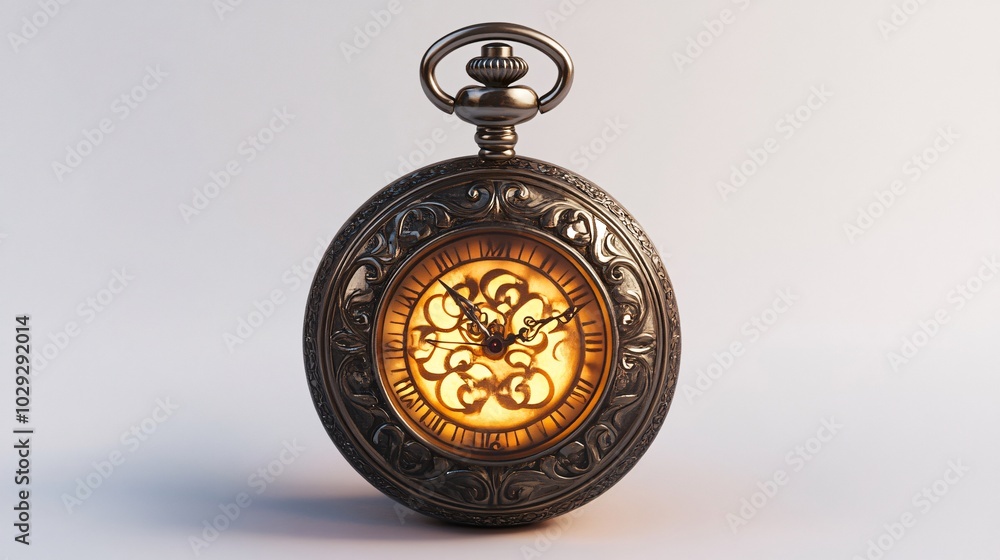 23 game design, ornate pocket watch with intricate details and a glowing face, resting with soft shadows on a white background 23 game design, ornate pocket watch with intricate details and a glowing face, resting with soft shadows on a white background